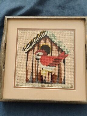 Handmade Red Cardinal Cross-Stitch Art in Neutral Frame Table Tray Vintage